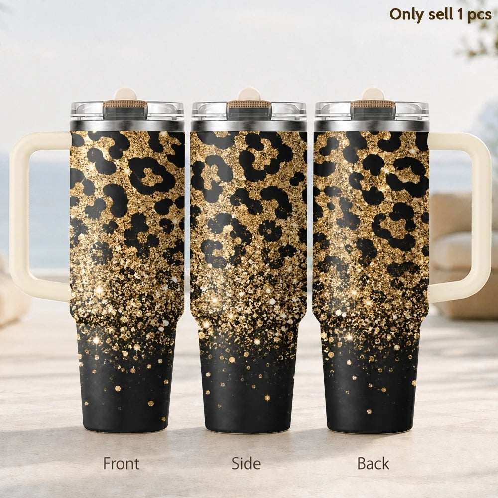 40oz Golden Glitter Leopard Print Tumbler | Insulated Travel Mug with Handle & Straw