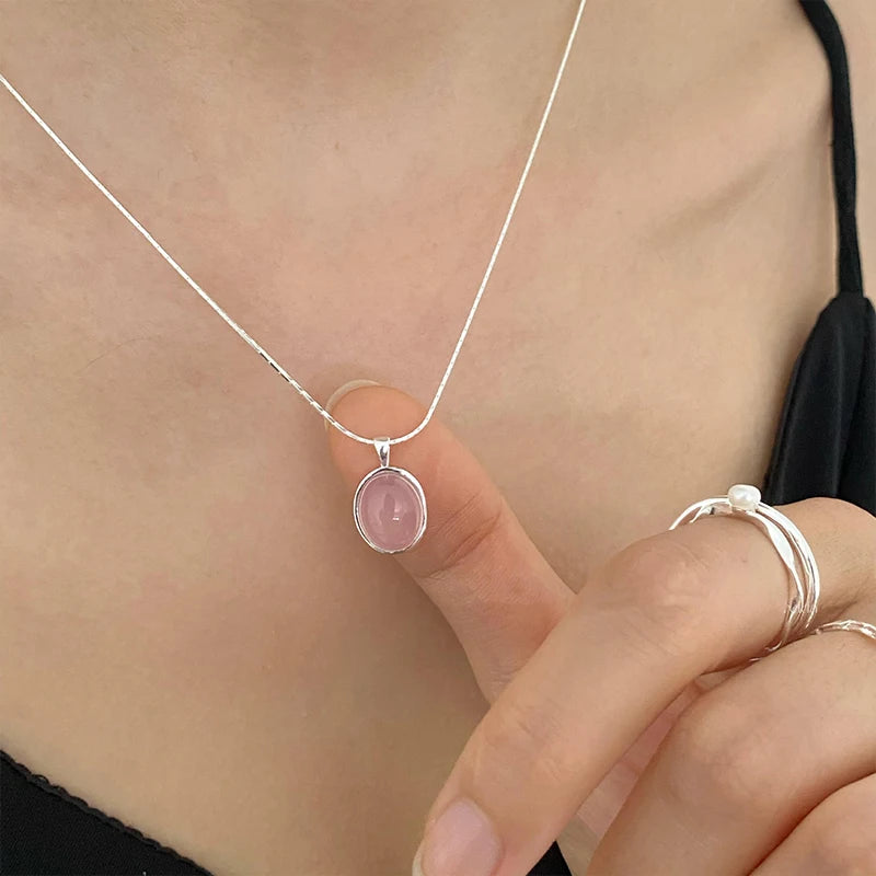 Pink Crystal Zircon Pendant Necklace | 925 Sterling Silver | Oval Collarbone Chain