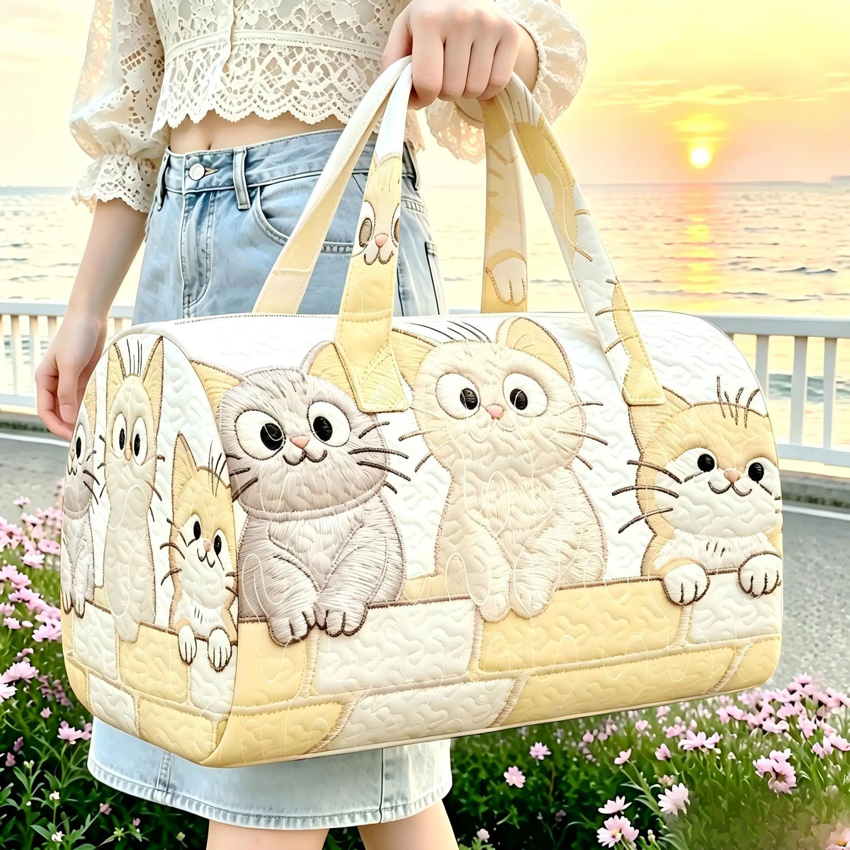 Cute Kitten Quilted Duffle Bag | Cat Embossed Travel & Gym Tote