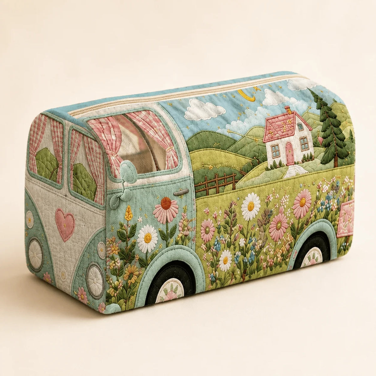 Vintage Camper Quilted Makeup Bag | Boho Floral Travel Pouch