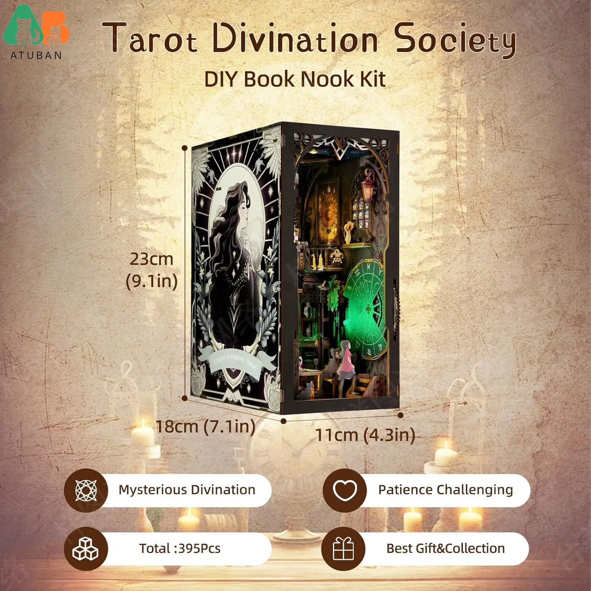 DIY Tarot Divination Book Nook Kit – 3D Wooden Mystic Bookshelf Insert with LED Lights
