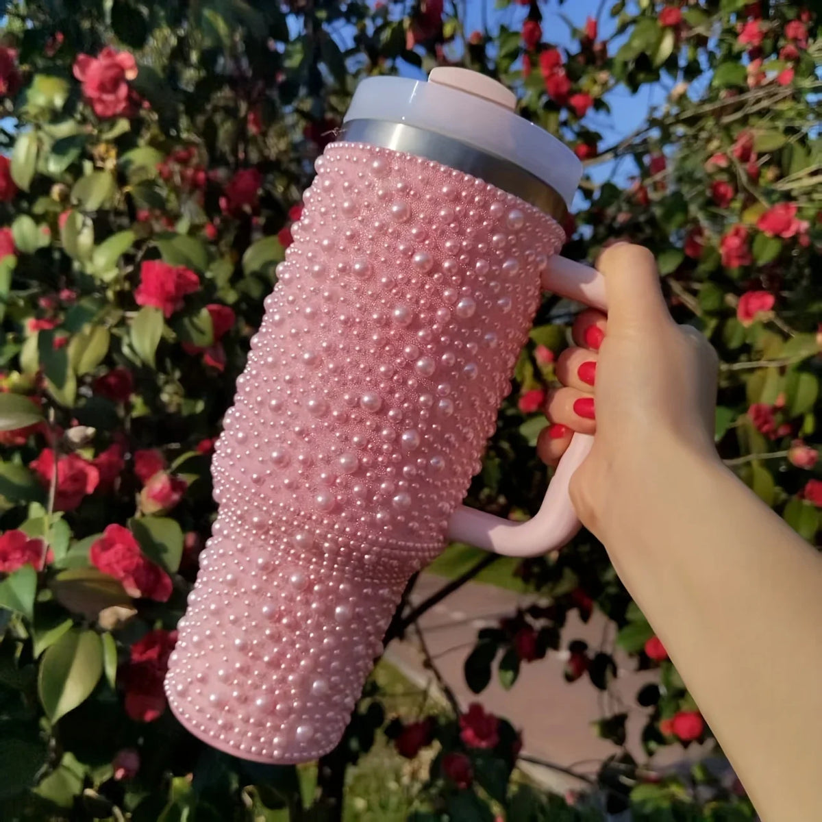 40oz Pearl & Rhinestone Tumbler | Vacuum Insulated Wide Handle Car Cup