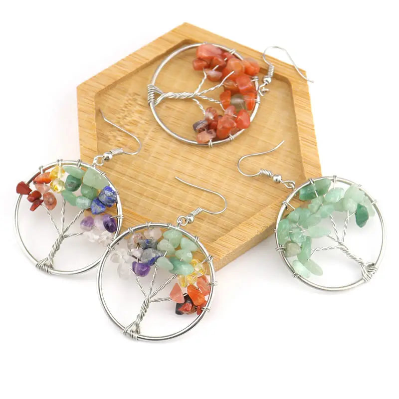 Tree of Life Crystal Drop Earrings — Wire-Wrapped Natural Stone Dangle Earrings