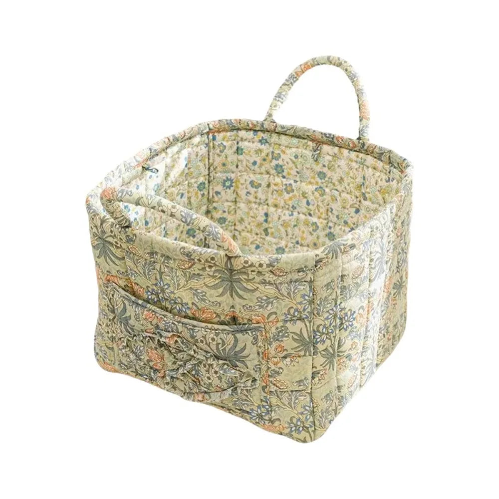 Quilted Floral Storage Basket — Collapsible Fabric Organizer Bag