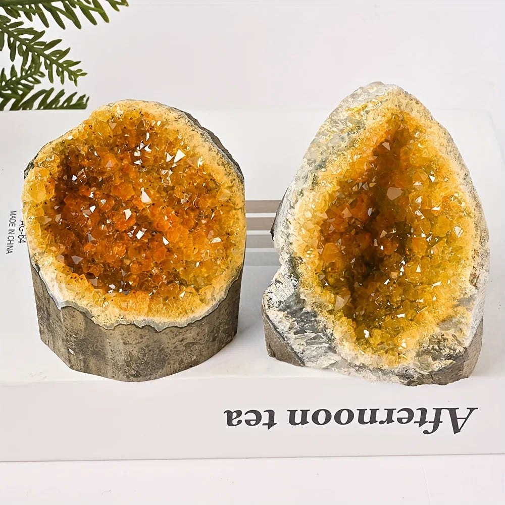 Citrine Crystal Cluster Geode — Hand Polished Electroplated Natural Mineral Specimen