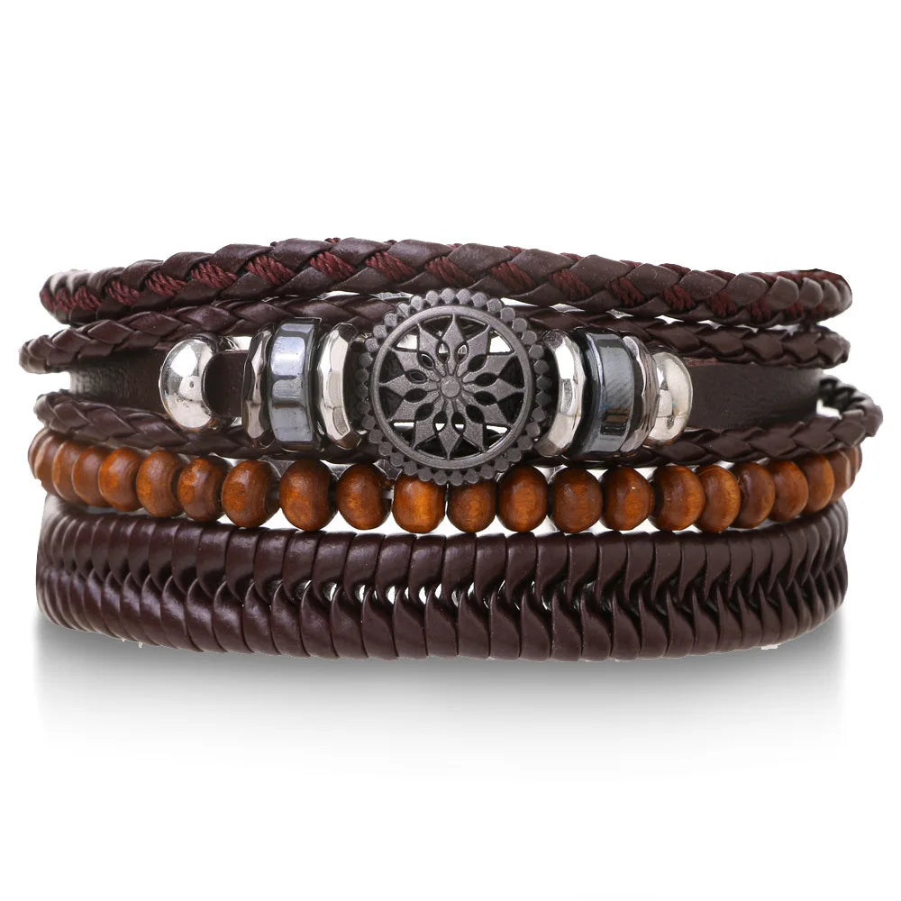 Boho Leather Wrap Bracelet Set — 4 Piece Layering Bracelet Gift Set