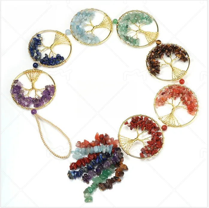 7 Chakra Tree of Life Wall Hanging | Natural Crystal Chip Stone Ornament