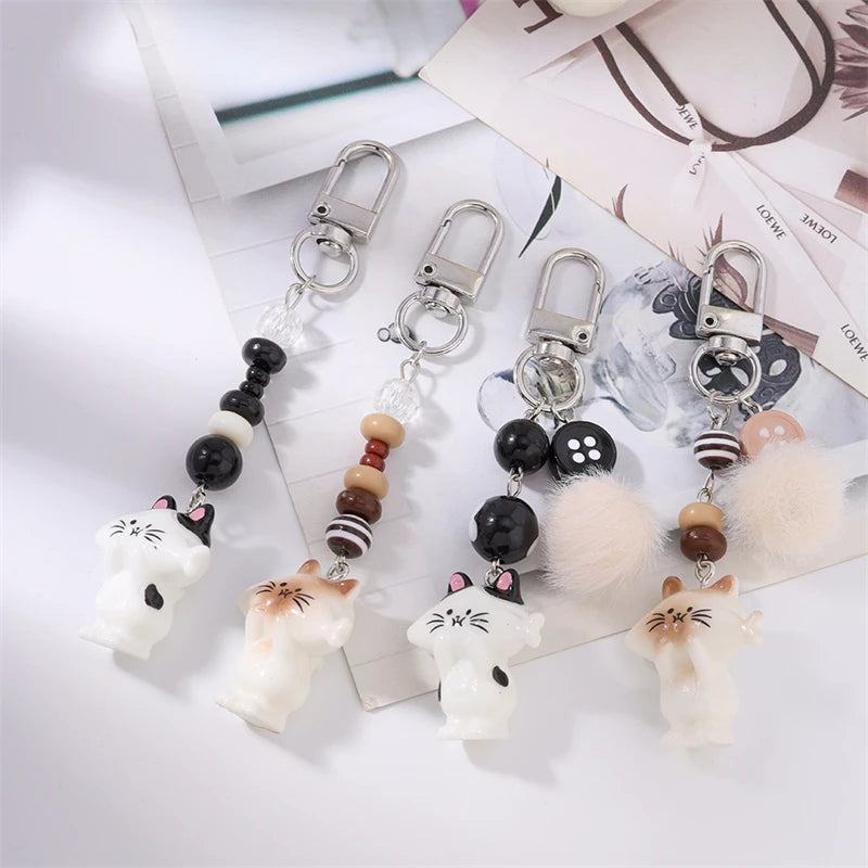 Handmade Cat Charm Keychain – Cute Animal Bead Keyring & Bag Pendant