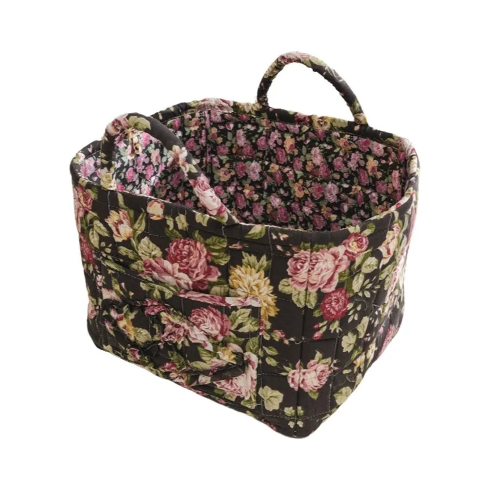 Quilted Floral Storage Basket — Collapsible Fabric Organizer Bag