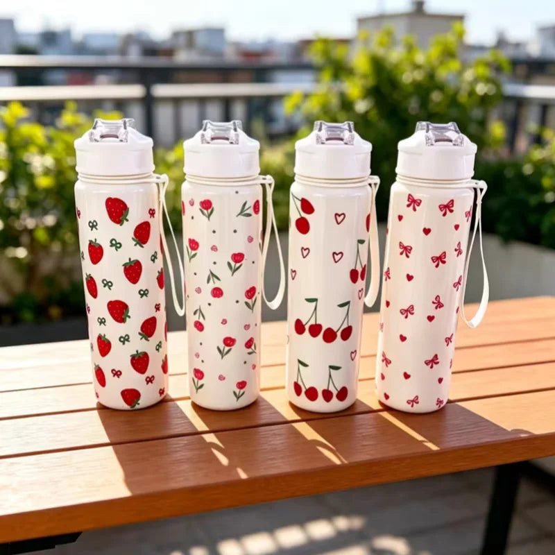 750ml Cute Floral Straw Cup | Strawberry Cherry Flower Bowknot Print