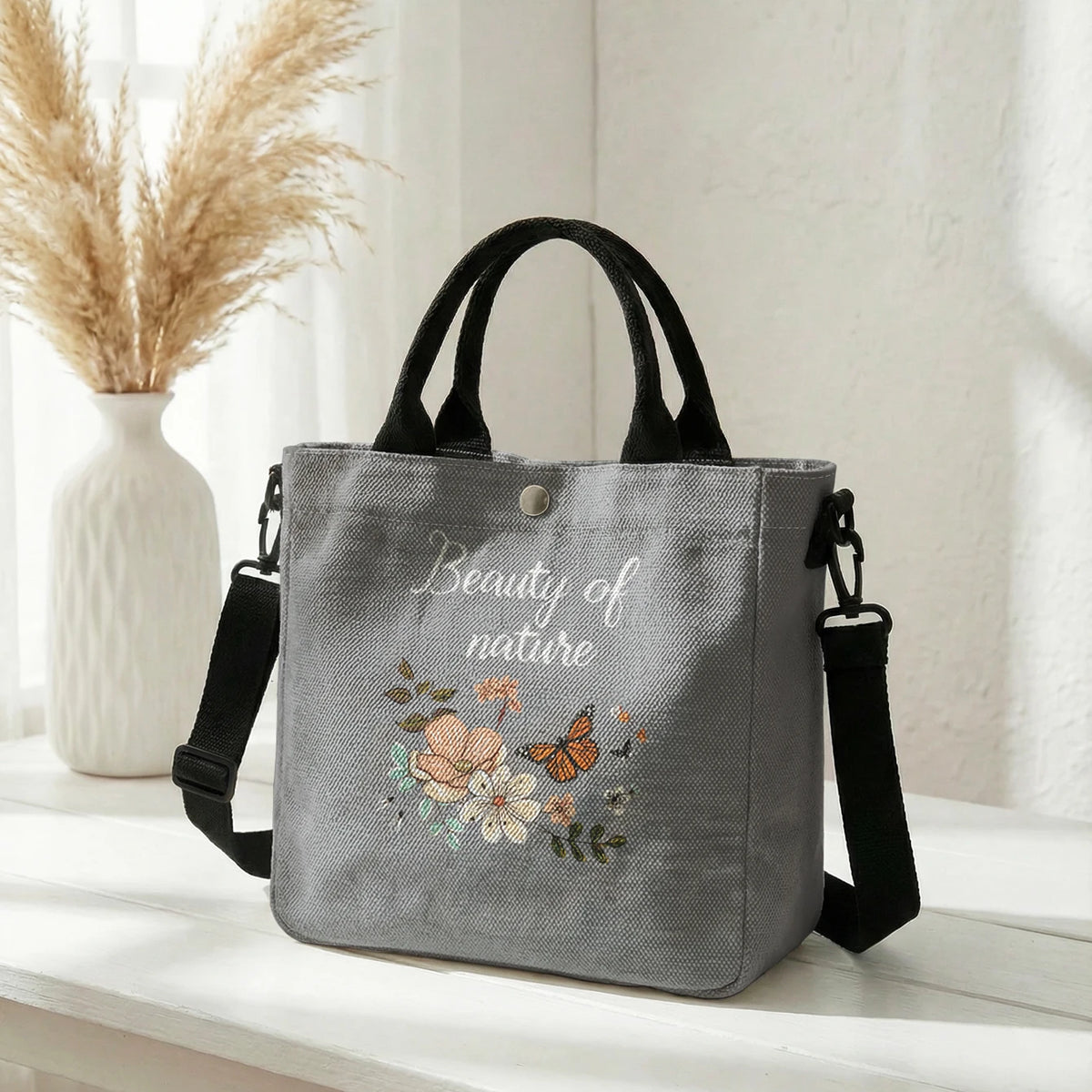 Floral Butterfly Tote Bag with Detachable Crossbody Strap