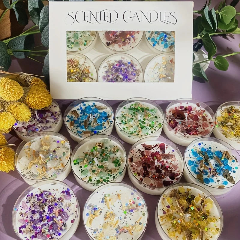 Crystal Stone & Dried Flower Scented Candles — Gift Set of 6