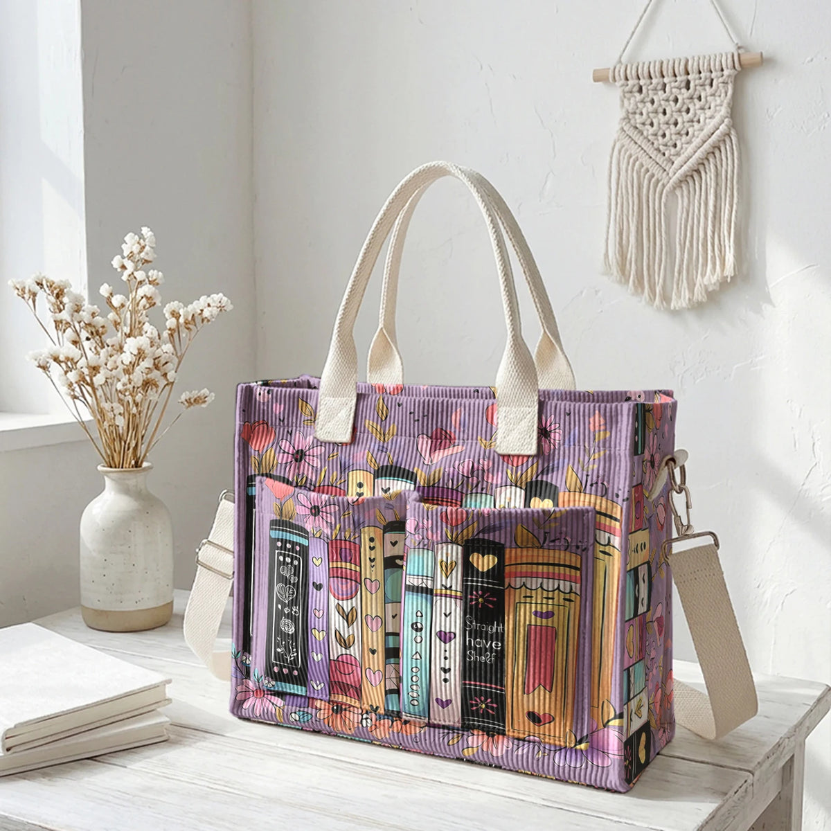 Books & Flowers Corduroy Tote Bag | Choose Your Color