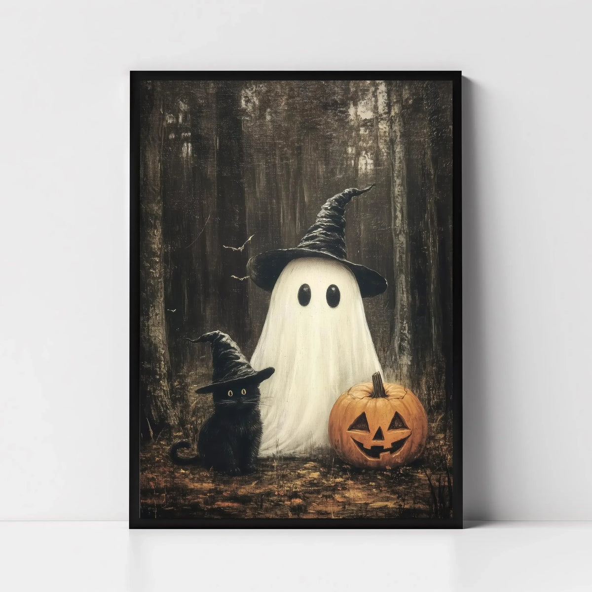 Halloween Ghost & Black Cat Dark Forest Canvas Print