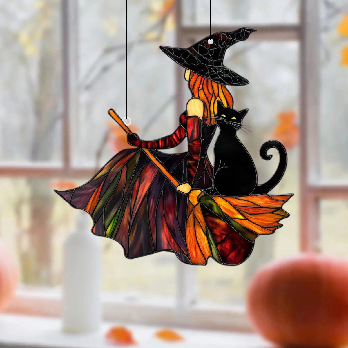 Gothic Witch & Black Cat 2D Acrylic Suncatcher | Halloween Window Hanging Decor