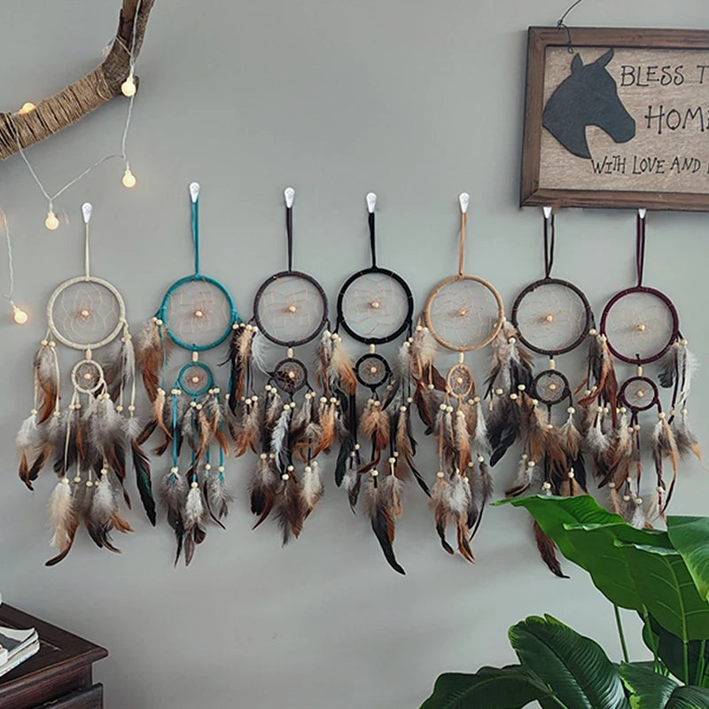 Boho Feather Dream Catcher – Handwoven Double-Ring Wall Hanging | Earth Tones