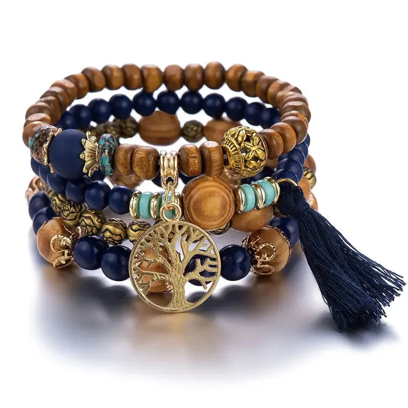 Boho Tree of Life Bracelet Set | Tassel Charm Wooden Bead Bangle for Women
