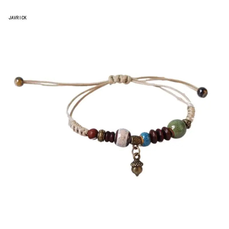Adjustable Ethnic Ceramic Bracelet Handwoven Beaded Hand Rings Rope Stylish and Versatile Wrist Chains Jewelry Ornament