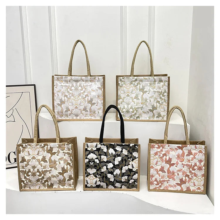 Floral Linen Tote Bag | Boho Bento Shoulder Bag for Women