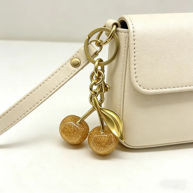 Gold Cherry Bag Charm Keychain | Sparkling Pendant Decoration for Handbags & Totes