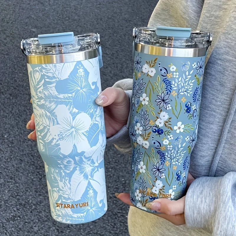 Floral 900 ml Insulated Tumbler with Handle & Straw