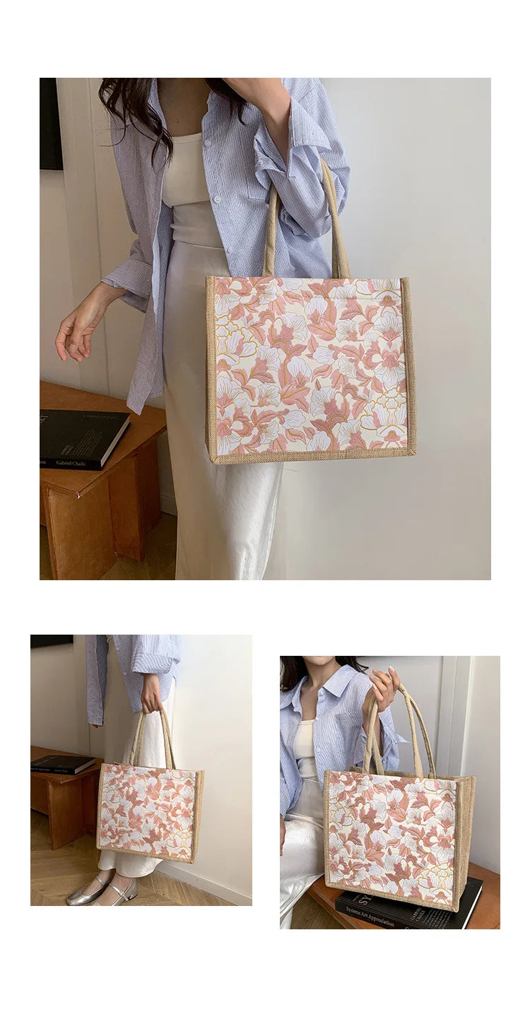 Floral Linen Tote Bag | Boho Bento Shoulder Bag for Women