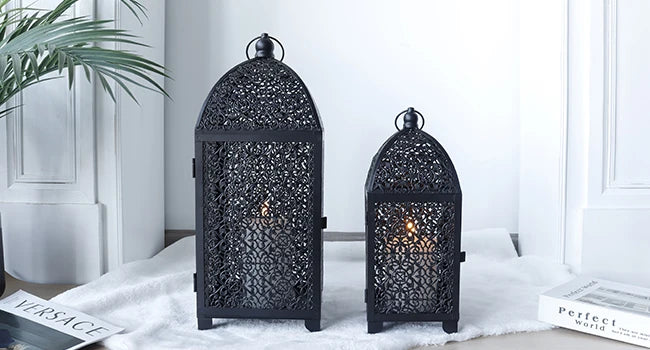 Black Metal Candle Lantern Set | Vintage Boho Candle Holders (Set of 2)