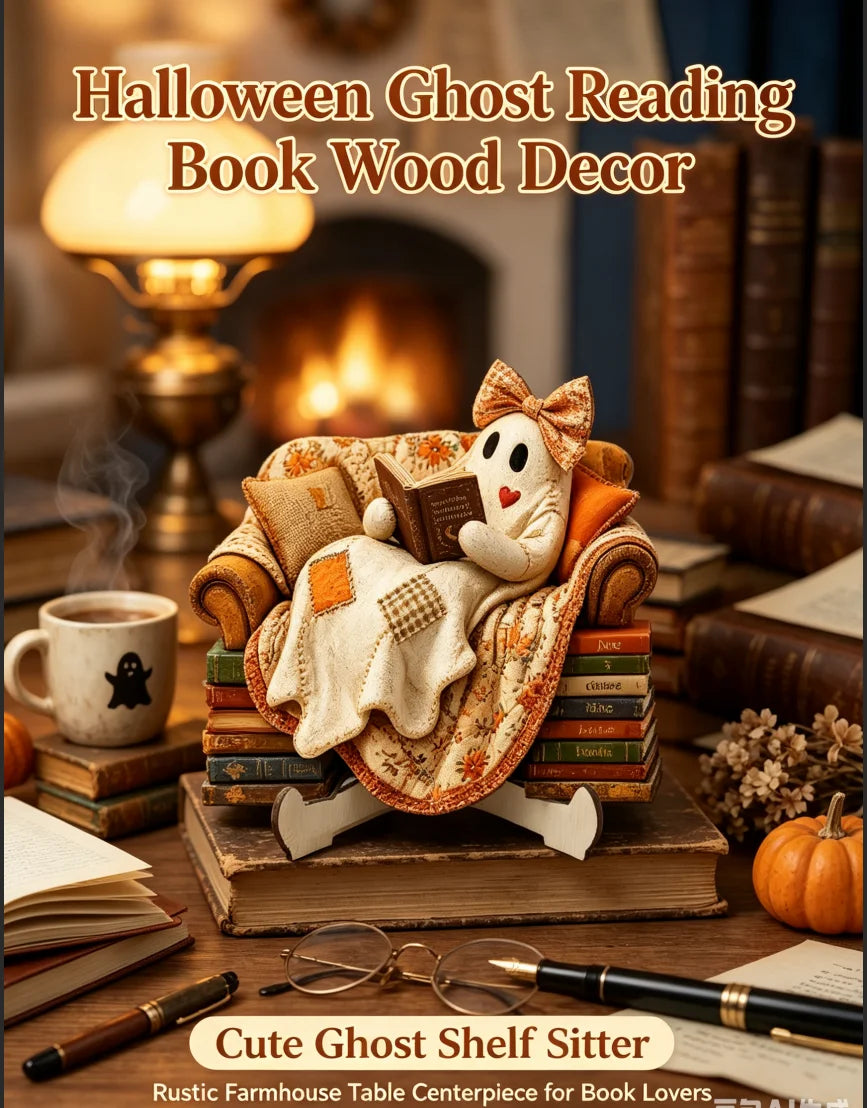 Ghost Reading Book Wooden Figurine | Rustic Farmhouse Halloween Decor for Book Lovers
