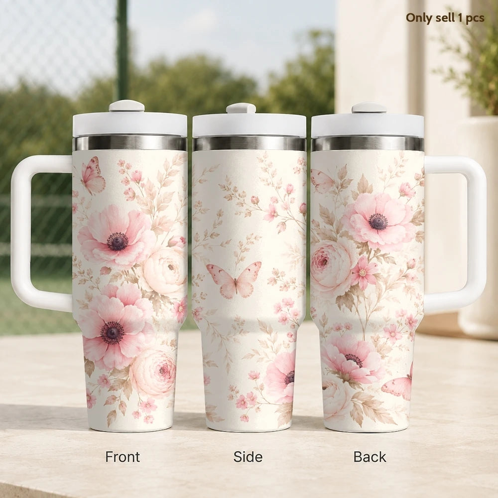 40oz Floral Art Insulated Tumbler | Leak-Proof Travel Mug with Handle & Straw
