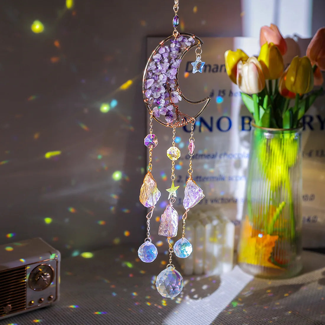 Moon Suncatcher with Natural Stone & Artificial Crystal