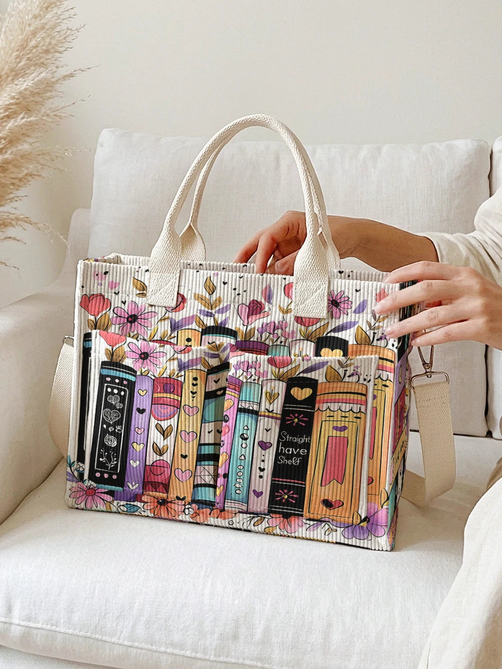 Books & Flowers Corduroy Tote Bag | Choose Your Color