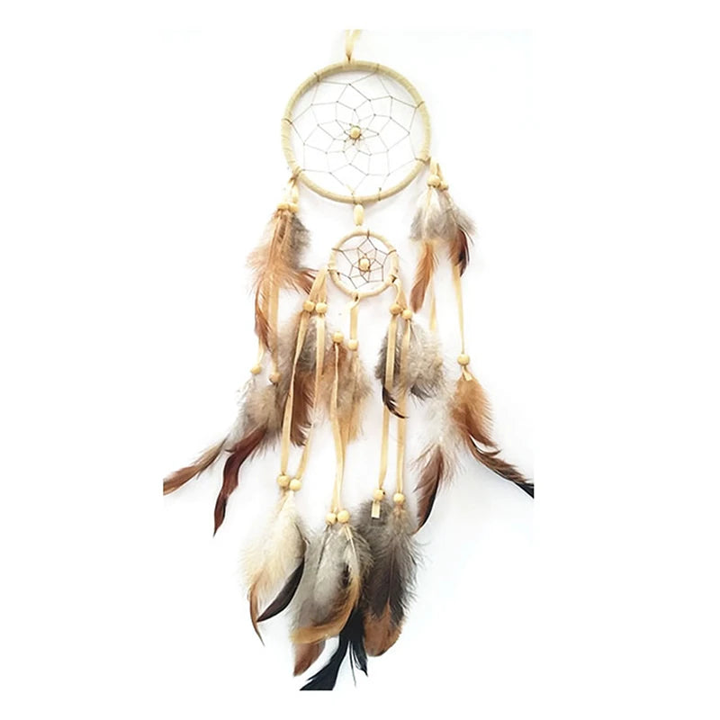 Boho Feather Dream Catcher – Handwoven Double-Ring Wall Hanging | Earth Tones