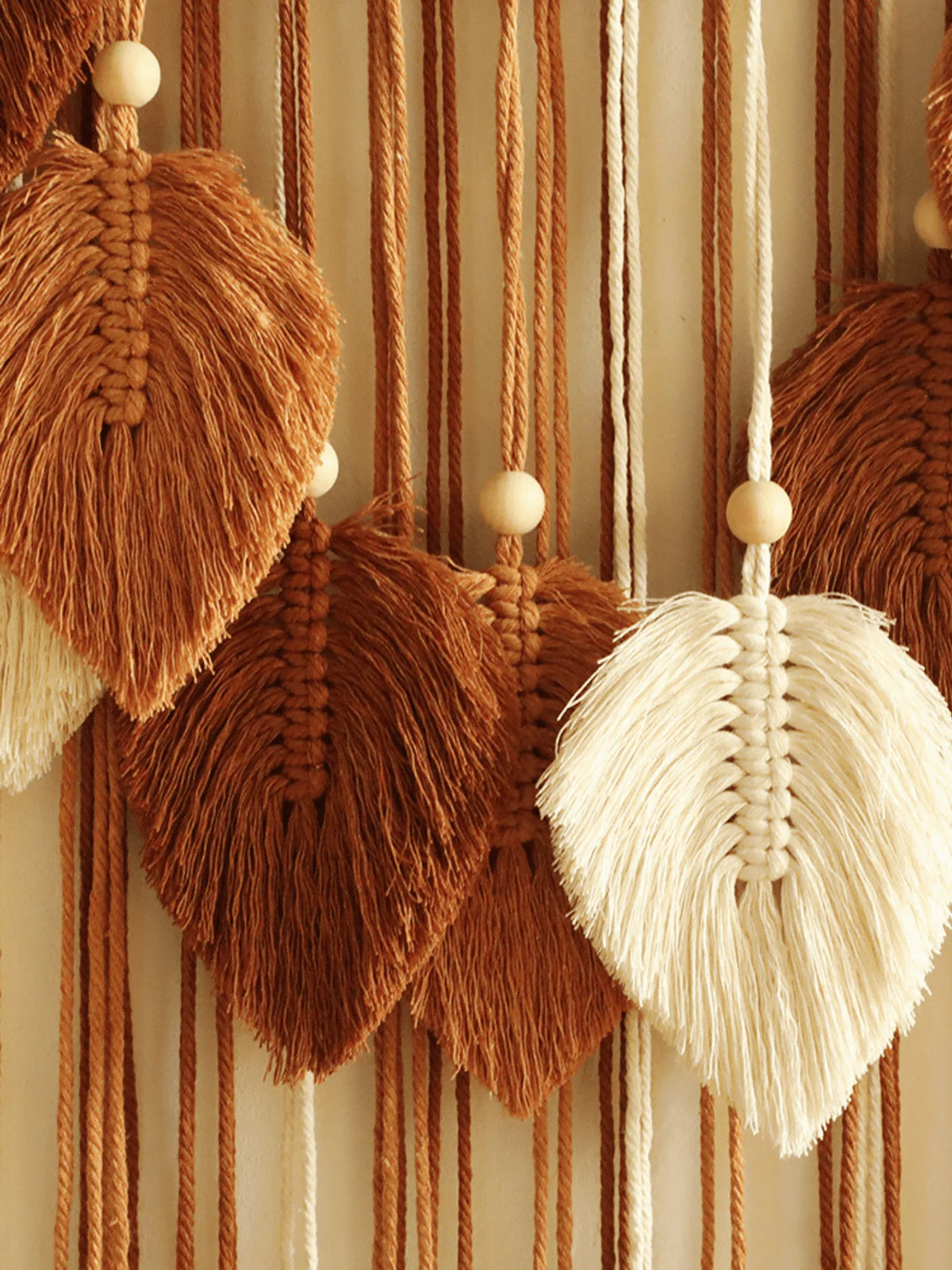 Boho Macrame Wall Hanging | Cotton Leaf Pattern Tapestry with Wood Beads 40x76cm