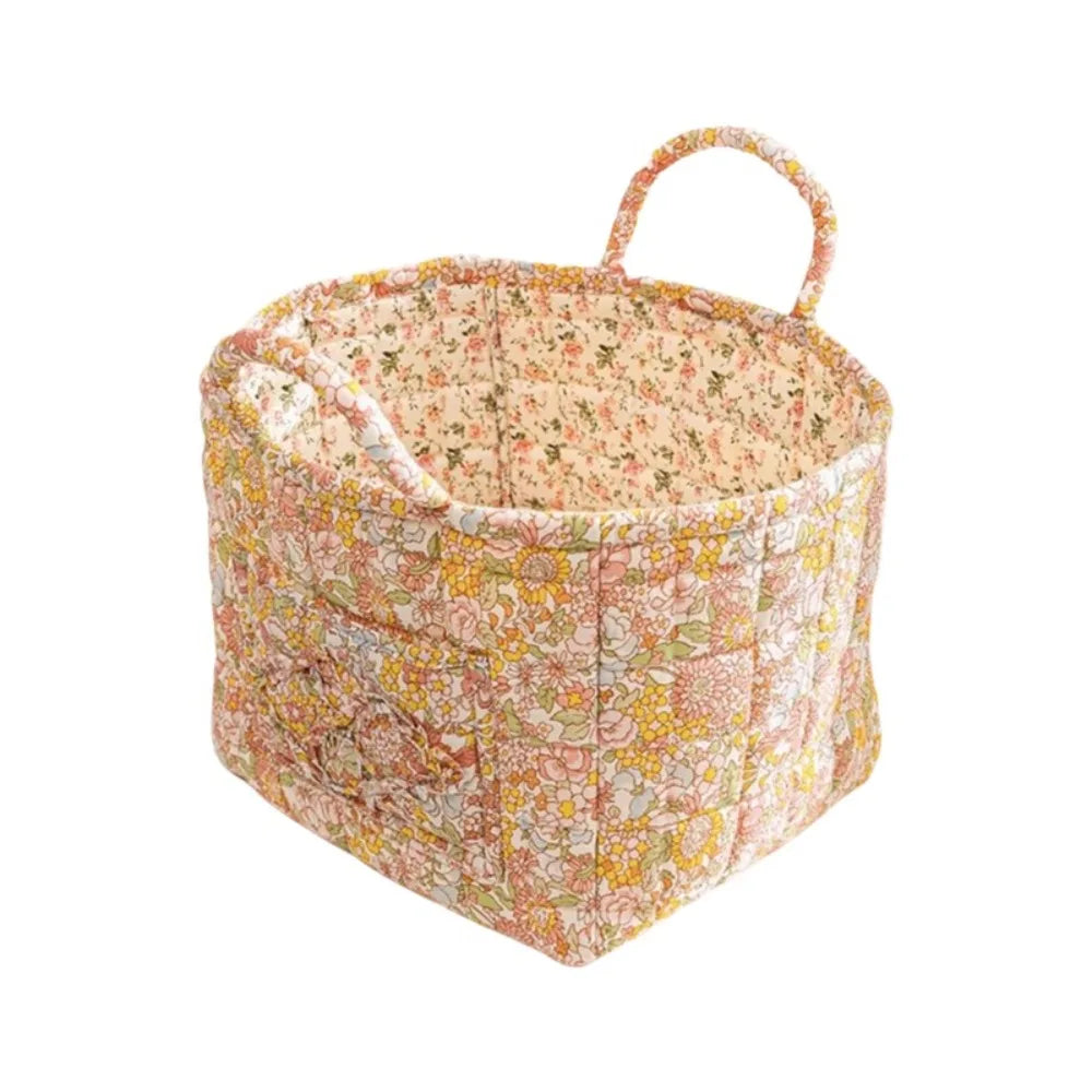 Quilted Floral Storage Basket — Collapsible Fabric Organizer Bag