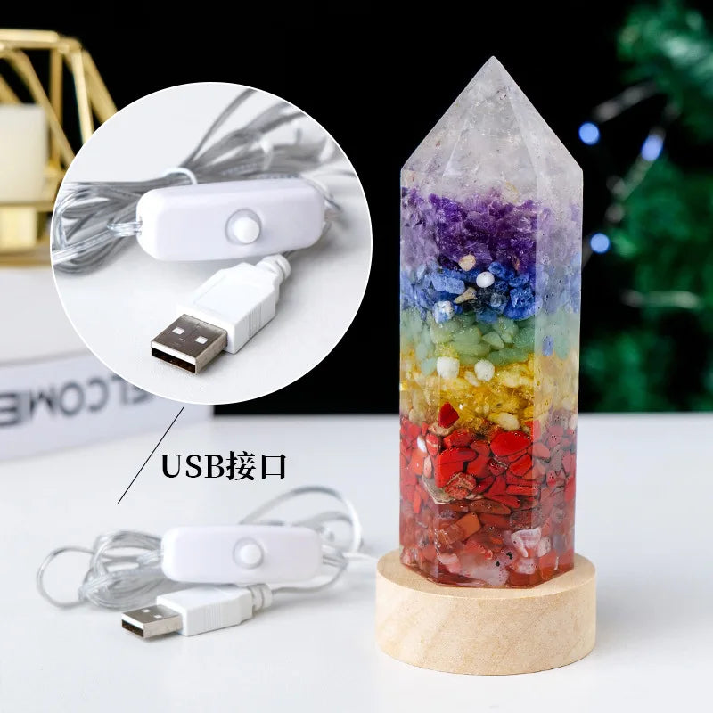 7 Chakra Crystal Column LED Night Light — USB Wood Base Obelisk