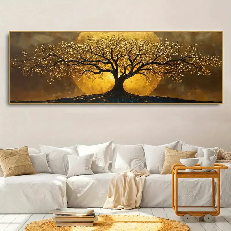Golden Moon Tree Canvas Wall Art | Mystical Landscape Print for Living Room & Bedroom