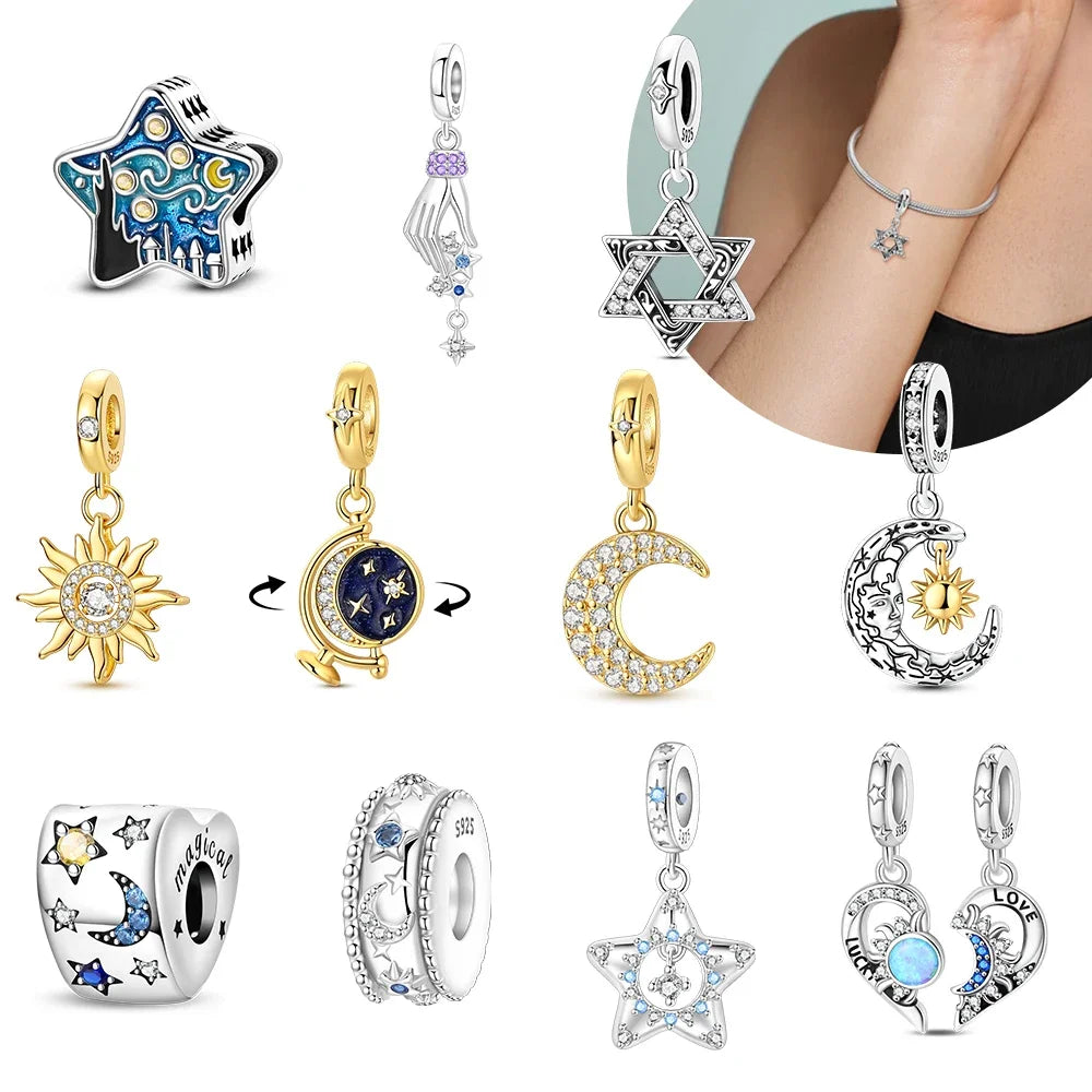 Moon & Sun Celestial Charms – 925 Sterling Silver Zircon Bracelet Pendants