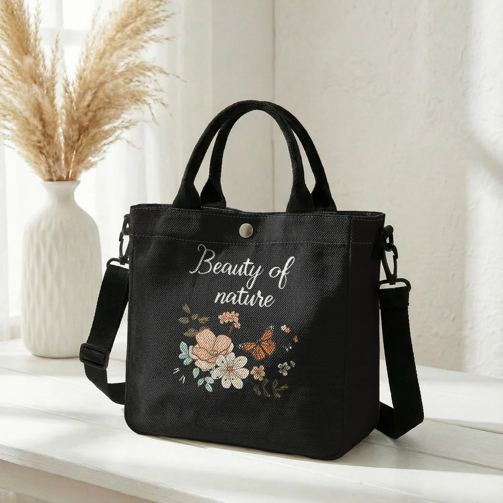 Floral Butterfly Tote Bag with Detachable Crossbody Strap