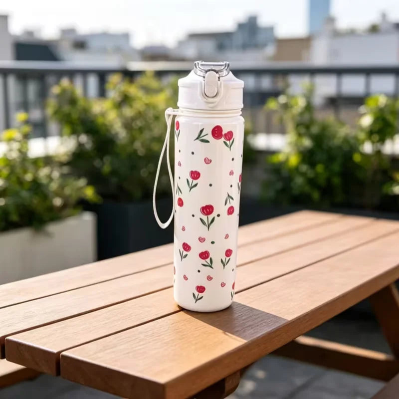 750ml Cute Floral Straw Cup | Strawberry Cherry Flower Bowknot Print