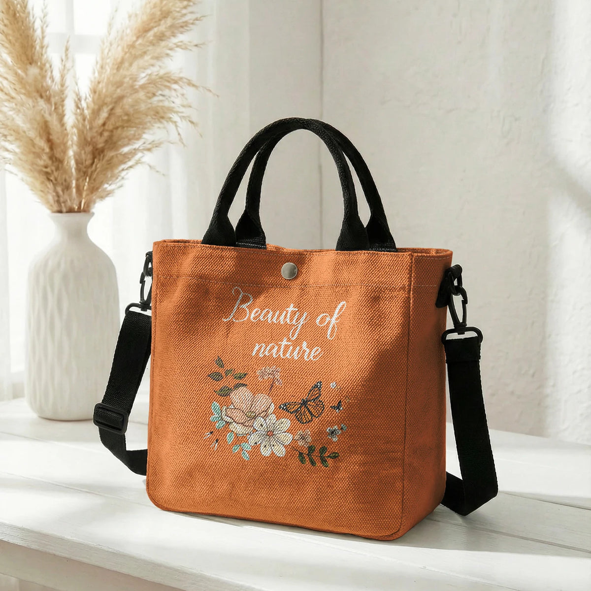 Floral Butterfly Tote Bag with Detachable Crossbody Strap