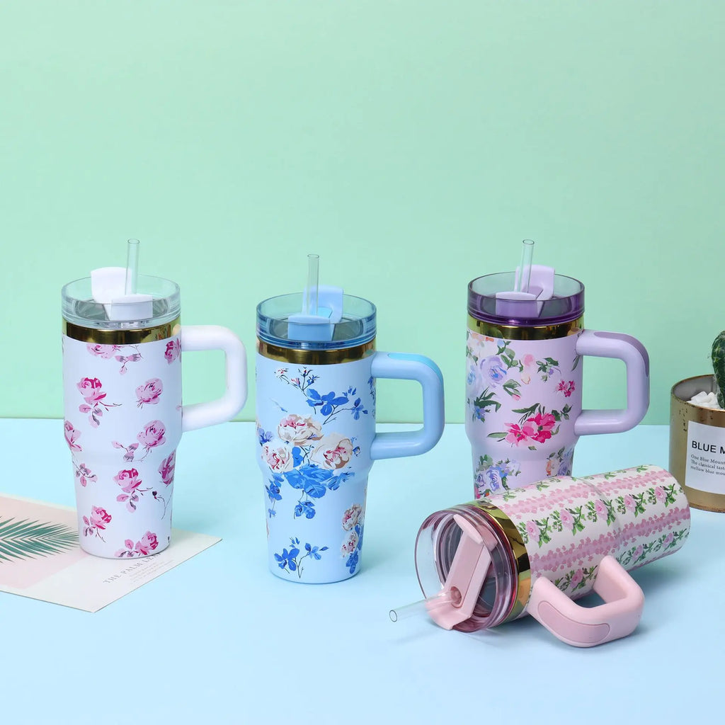 14oz Insulated Car Cup Tumbler | Stainless Steel Travel Mug with Handle & Straw