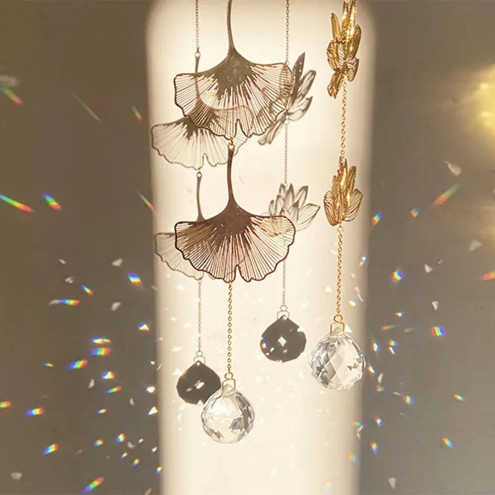 Lotus & Ginkgo Leaf Crystal Suncatcher Window Hanging
