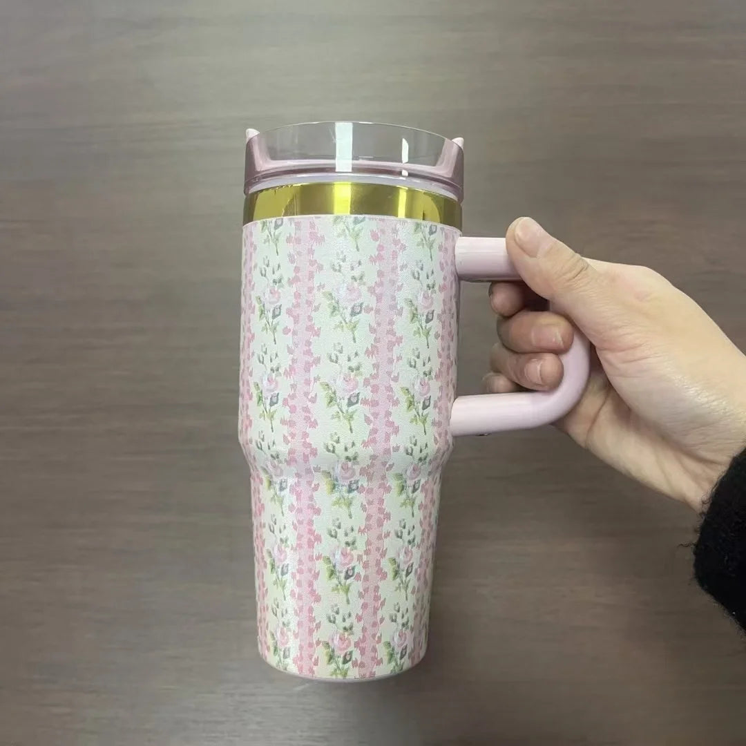 14oz Insulated Car Cup Tumbler | Stainless Steel Travel Mug with Handle & Straw
