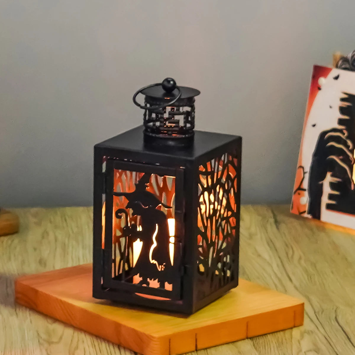 Halloween Iron Hollowed Lantern | Candle Lantern in Cat, Witch, Haunted House & Spooky Tree