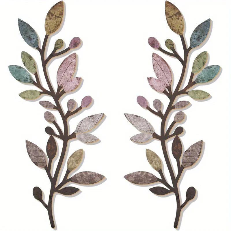 2pcs Boho Leaf Metal Wall Art - Vibrant Olive Branch Sculpture for Indoor/Outdoor Home Deco