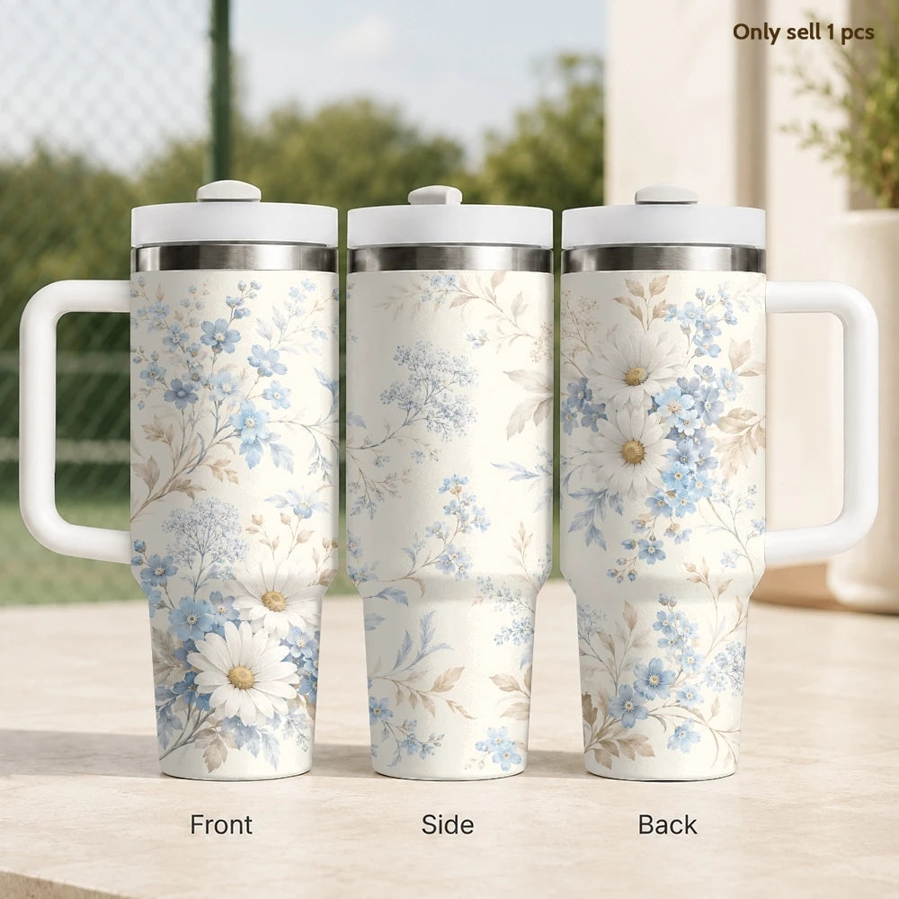40oz Floral Art Insulated Tumbler | Leak-Proof Travel Mug with Handle & Straw