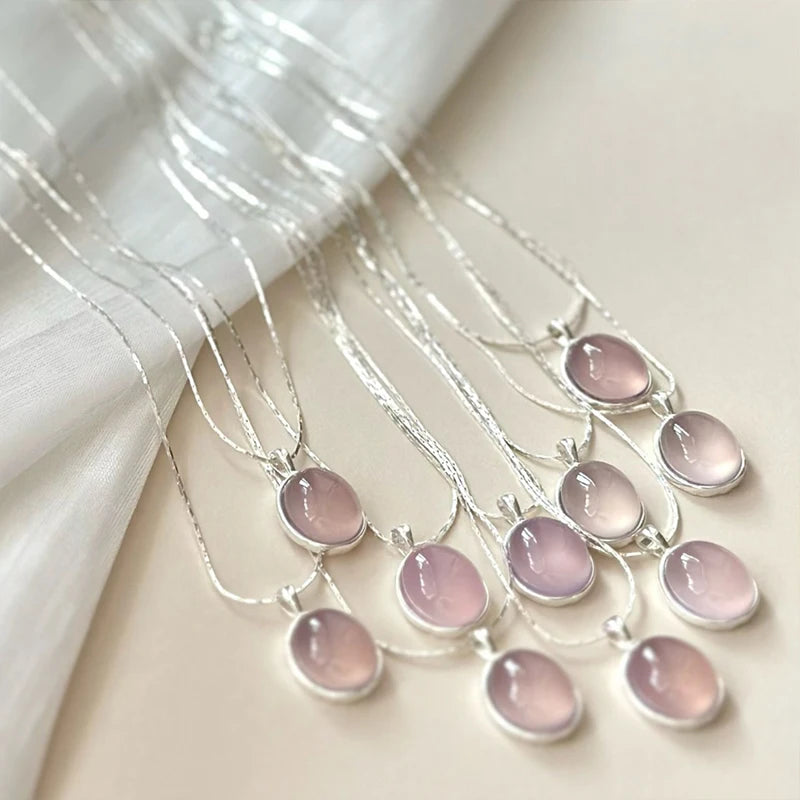 Pink Crystal Zircon Pendant Necklace | 925 Sterling Silver | Oval Collarbone Chain