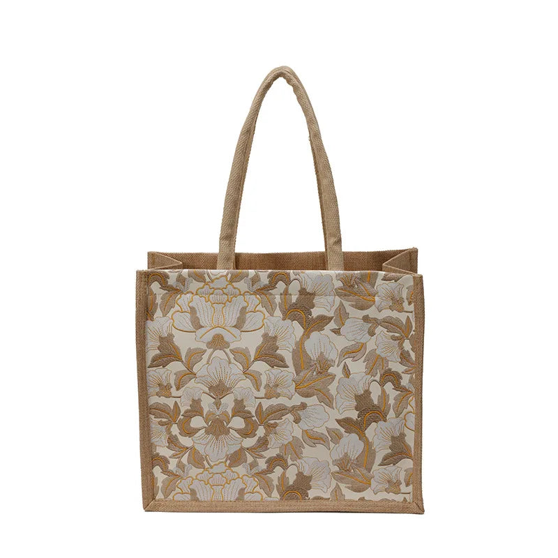 Floral Linen Tote Bag | Boho Bento Shoulder Bag for Women