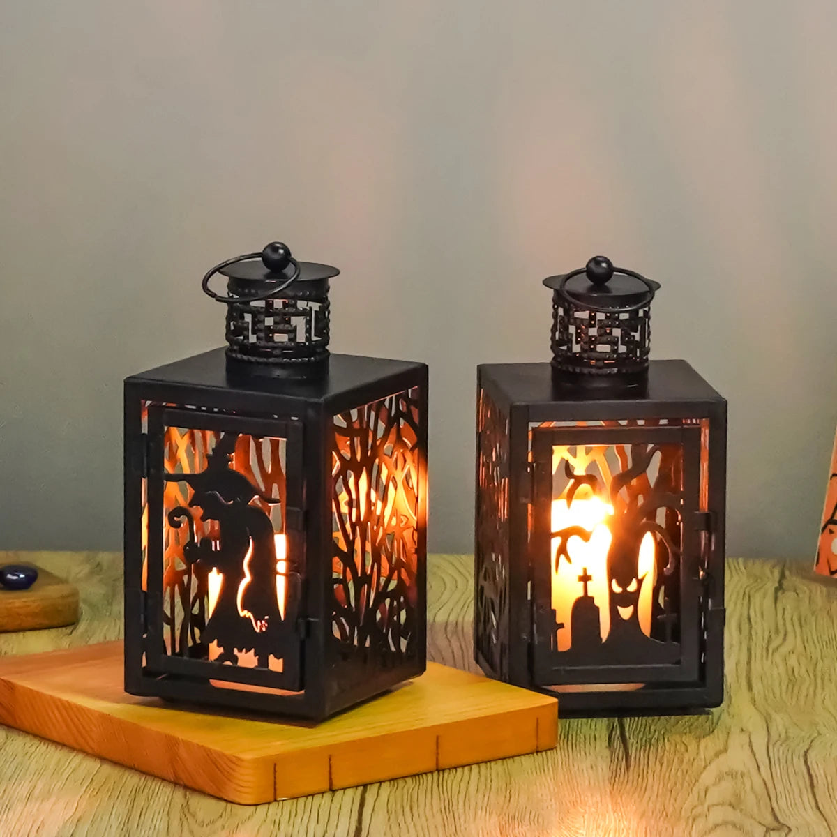Halloween Iron Hollowed Lantern | Candle Lantern in Cat, Witch, Haunted House & Spooky Tree