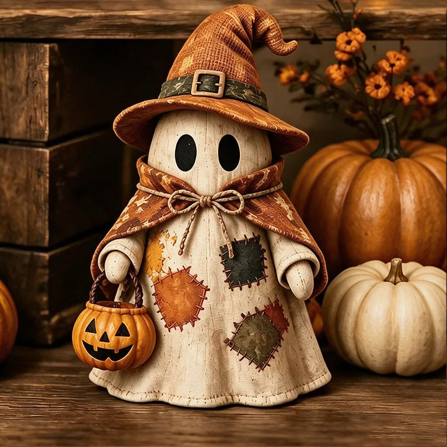 Vintage Wooden Ghost & Witch Hat 2D Tabletop Ornament | Rustic Halloween Decor | Mantel Display